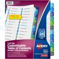 Avery® Ready Index® Double Column Table of Content Dividers, 24 tabs - 24 x Divider(s) - 1-24 - 24 Tab(s)/Set - 8.50" (215.90 mm) Divider Width x 11" (279.40 mm) Divider Length - 3 Hole Punched - White Paper Divider - Multicolor Paper Tab(s) - 20% Recycled - 24 / Set