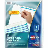 Avery® Print & Apply Clear Label Dividers, Index Maker(R) Easy Apply(TM) Printable Label Strip, 5 White Tabs, 5 Sets (11436) - 25 x Divider(s) - Print-on Tab(s) - 5 - 5 Tab(s)/Set - 8.50" (215.90 mm) Divider Width x 11" (279.40 mm) Divider Length - 3 Hole Punched - White Paper Divider - White Pa
