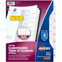 Avery® Ready Index® Table of Content Dividersfor Laser and Inkjet Printers, 8 tabs - 8 x Divider(s) - 8 Printed Tab(s) - Digit - 1-8 - 8 Tab(s)/Set - 8.50" (215.90 mm) Divider Width x 11" (279.40 mm) Divider Length - Letter - 8.50" (215.90 mm) Width x 11" (279.40 mm) Length - 3 Hole Punched 