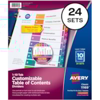 Avery® Ready Index(R) 10-Tab Binder Dividers, Customizable Table of Contents, Multicolor Tabs, 24 Sets (11169) - 240 x Divider(s) - 1-10 - 10 Tab(s)/Set - 8.50" (215.90 mm) Divider Width x 11" (279.40 mm) Divider Length - 3 Hole Punched - White Paper Divider - Multicolor Paper Tab(s) - 20% Recyc