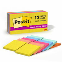 Post-it® - Feuillets super collants Post-it® 654-12SSJOY, collection Joie estivale - largeur de drapeau/note 3 po (76,20 mm) x longueur de drapeau/note 3 po (76,20 mm) - Carré - 90 Feuilles par bloc - Citron, Rose puissante, Menthe fraîche - Collant, Recyclable - 12 / emballage