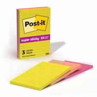 Post-it® - Feuillets super collants Post-it® 660-3SSJOY, collection Joie estivale, lignés - largeur de drapeau/note 4 po (101,60 mm) x longueur de drapeau/note 6 po (152,40 mm) - Rectangulaires - 90 Feuilles par bloc - Citron, Rose puissante, Menthe fraîche - Collant, Recyclable - 3 /