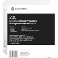 Grand & Toy Lightweight Sheet Protectors, Non-Glare, Letter Size, 200/PK - 9.2" (233.7 mm) Width x 11.2" (284.5 mm) Length x 2 mil Thickness - Sheet, Document Capacity - For Letter 8" (203.20 mm) x 11" (279.40 mm) Sheet - 3 x Holes - 3 x Rings - Ring Binder - Top Loading - Clear - Vinyl - 200 / Pack