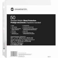 Grand & Toy Standard Weight Sheet Protectors, Clear, Letter Size, 50/PK - 9.2" (233.7 mm) Width x 11.2" (284.5 mm) Length x 2.4 mil Thickness - Sheet Capacity - For Letter 8 1/2" (215.90 mm) x 11" (279.40 mm) Sheet - 3 x Holes - 3 x Rings - Ring Binder - Top Loading - Clear - Vinyl - 50 / Pack
