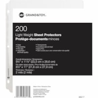 Grand & Toy Lightweight Vinyl Sheet Protectors, Clear, Letter Size, Pack of 200 - 9.2" (233.7 mm) Width x 11.2" (284.5 mm) Length x 2 mil Thickness - Sheet, Document Capacity - For Letter 8 1/2" (215.90 mm) x 11" (279.40 mm) Sheet - 3 x Holes - 3 x Rings - Ring Binder - Top Loading - Clear - Vinyl -