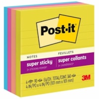 Post-it® - Feuillets super collants 675-4SSJOY, 101 mm x 101 mm (4 po x 4 po) - 270 - largeur de drapeau/note 4 po (101,60 mm) x longueur de drapeau/note 4 po (101,60 mm) - 90 Feuilles par bloc - Avec ligne - Recyclable, Super Sticky, Adhésif - 1 / chaque