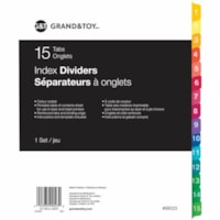 Grand & Toy Index Dividers, Numbered 1-15, 8 1/2" x 11" , 15-Tabs/ST, 1-Set/PK - 15 Assorted Tab(s) - 1-15 - 15 Tab(s)/Set - Letter - 8.50" (215.90 mm) Width x 11" (279.40 mm) Length - 3 Hole Punched - White Divider - Paper, Plastic Tab(s) - Recycled - Printable - 1 / Pack