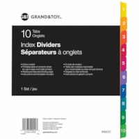Grand & Toy Index Dividers, Numbered 1-10, 8 1/2" x 11" , 10-Tabs/ST, 1-Set/PK - 1-10 - 10 Tab(s)/Set - Letter - 8.50" (215.90 mm) Width x 11" (279.40 mm) Length - 3 Hole Punched - White Plastic Divider - Assorted Tab(s)Recycled - Printable - 1 / Pack