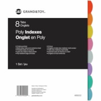 Grand & Toy Poly Index Dividers, Multi-Coloured, 8 1/2" x 11" , 8-Tabs/ST, 1-Set/PK - 8 Blank Tab(s) - 8 Tab(s)/Set - Letter - 8.50" (215.90 mm) Width x 11" (279.40 mm) Length - 3 Hole Punched - Assorted Poly, Plastic Tab(s) - Printable, Rip Resistant, Reinforced Edges - 1 / Set