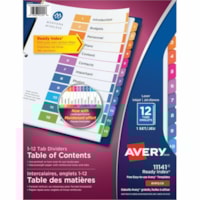 Avery® Ready Index® Table of Content Dividersfor Laser and Inkjet Printers, 12 tabs - 12 x Divider(s) - 1-12 - 12 Tab(s)/Set - 8.50" (215.90 mm) Divider Width x 11" (279.40 mm) Divider Length - 3 Hole Punched - White Paper Divider - Multicolor Paper Tab(s) - 20% Recycled - 12 / Set