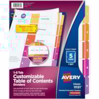 Avery® Ready Index® Table of Content Dividersfor Laser and Inkjet Printers, 5 tabs, 1 set - 5 x Divider(s) - 1-5 - 5 Tab(s)/Set - 8.50" (215.90 mm) Divider Width x 11" (279.40 mm) Divider Length - 3 Hole Punched - White Paper Divider - Multicolor Paper Tab(s) - 20% - Hole-punched, Printable,