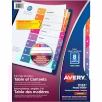 Avery® Ready Index® Table of Content Dividersfor Laser and Inkjet Printers, 8 tabs, 1 set - 8 x Divider(s) - 1-8 - 8 Tab(s)/Set - 8.50" (215.90 mm) Divider Width x 11" (279.40 mm) Divider Length - 3 Hole Punched - White Paper Divider - Multicolor Paper Tab(s) - 20% Recycled - 8 / Set