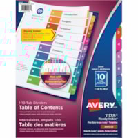 Avery® Ready Index® Table of Content Dividers for Laser and Inkjet Printers, 10 tabs, 1 set - 10 x Divider(s) - 1-10 - 10 Tab(s)/Set - 8.50" (215.90 mm) Divider Width x 11" (279.40 mm) Divider Length - 3 Hole Punched - White Paper Divider - Multicolor Paper Tab(s) - 20% Recycled - 10 / Set