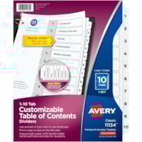 Avery® Ready Index® Table of Content Dividersfor Laser and Inkjet Printers, 10 tabs - 10 x Divider(s) - 1-10 - 10 Tab(s)/Set - 8.50" (215.90 mm) Divider Width x 11" (279.40 mm) Divider Length - 3 Hole Punched - White Paper Divider - White Paper Tab(s) - 20% Recycled - 10 / Set