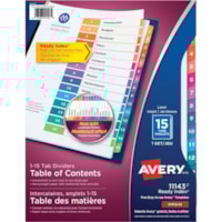 Avery® Ready Index® Table of Content Dividersfor Laser and Inkjet Printers, 15 tabs, 1 set - 15 x Divider(s) - 1-15 - 15 Tab(s)/Set - 8.50" (215.90 mm) Divider Width x 11" (279.40 mm) Divider Length - 3 Hole Punched - White Paper Divider - Multicolor Paper Tab(s) - 20% Recycled - 15 / Set